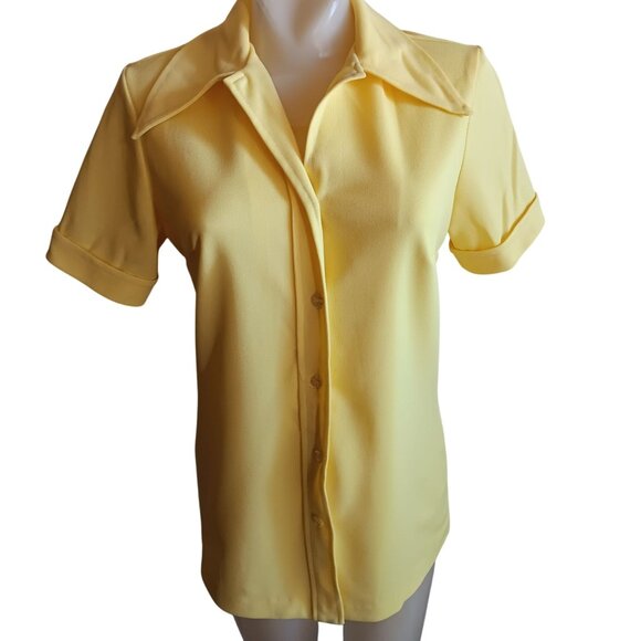 Women's Large Top Vintage 1970's Yellow Pykettes Stretch Knit Polyester Collared - Picture 1 of 5